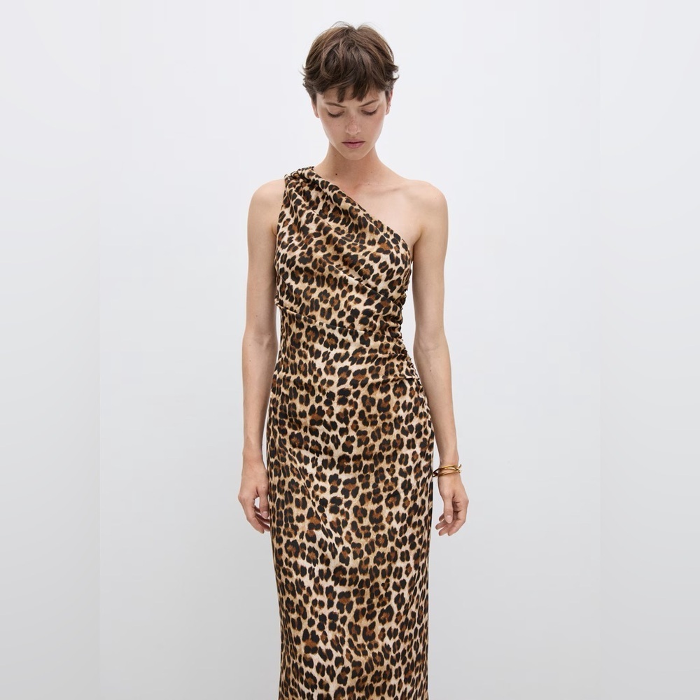 Mango One-Shoulder Leopard Print Dress in Brown and Black